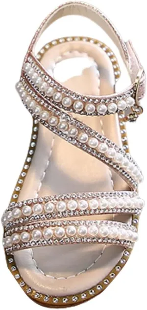 Toddler Girls Glitter Pearl Sandals Flat Open Toe Kids Sparkly Cute Princess Shoes Straps Soft Outdoor Summer