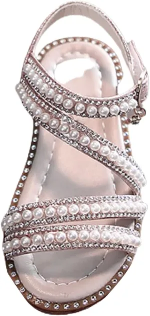 Toddler Girls Glitter Pearl Sandals Flat Open Toe Kids Sparkly Cute Princess Shoes Straps Soft Outdoor Summer