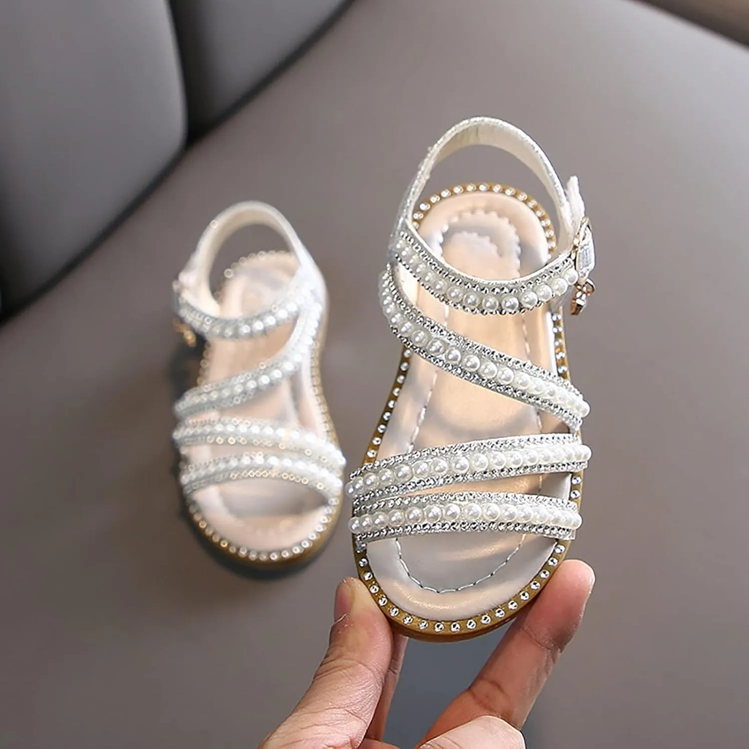 Toddler Girls Glitter Pearl Sandals Flat Open Toe Kids Sparkly Cute Princess Shoes Straps Soft Outdoor Summer