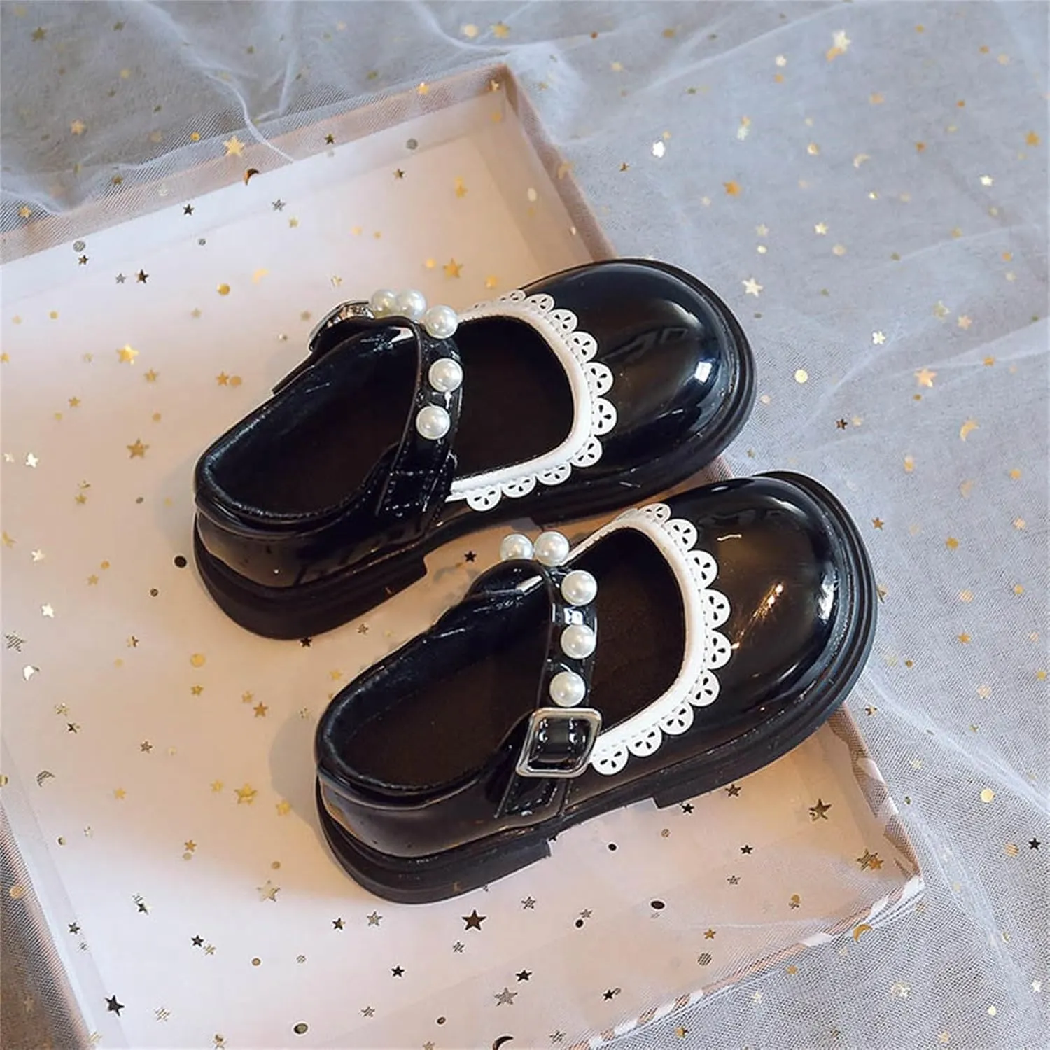 Toddler Girls Mary Jane Dress Shoes Ballet Flats for Party School Kids Pearl Strap Princess Shoes Soft Sole Sandals