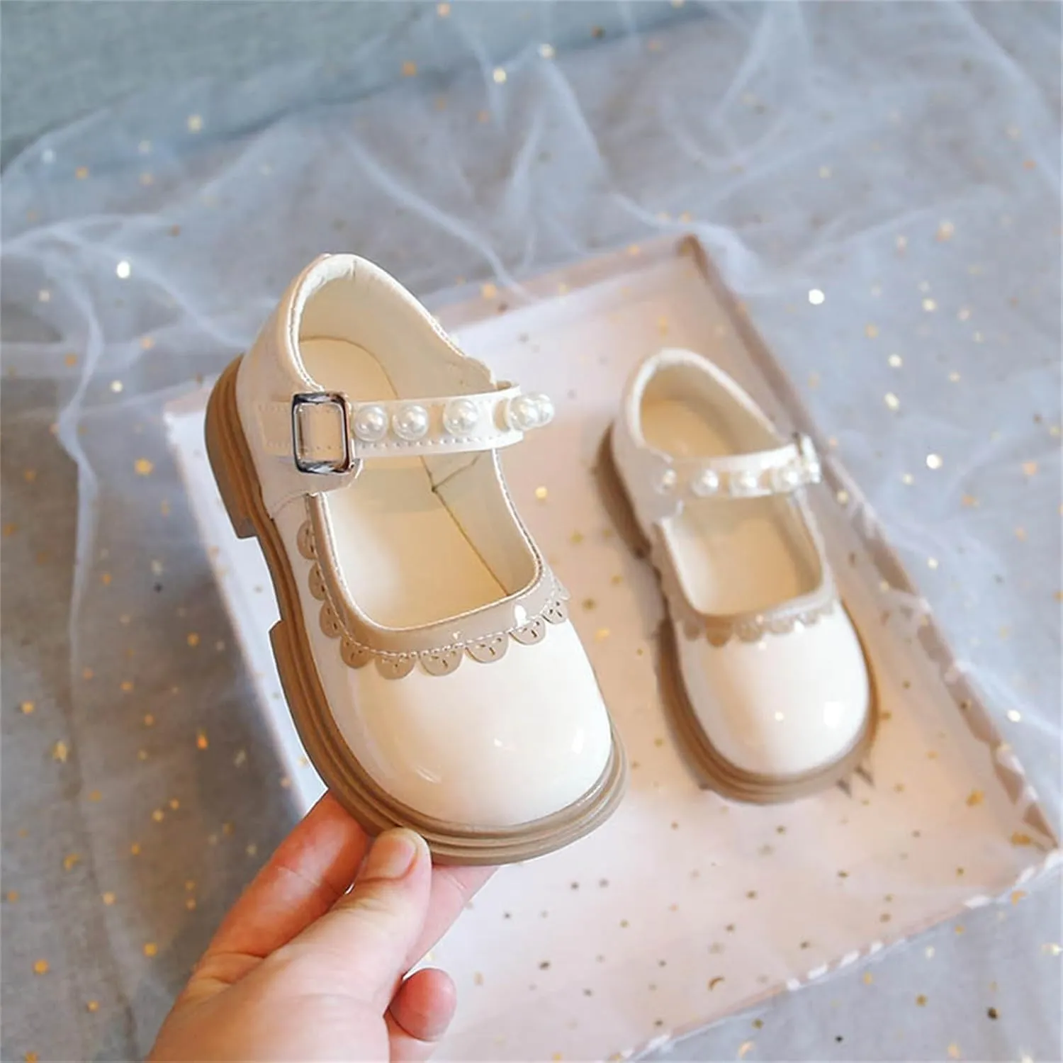 Toddler Girls Mary Jane Dress Shoes Ballet Flats for Party School Kids Pearl Strap Princess Shoes Soft Sole Sandals