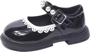 Toddler Girls Mary Jane Dress Shoes Ballet Flats for Party School Kids Pearl Strap Princess Shoes Soft Sole Sandals