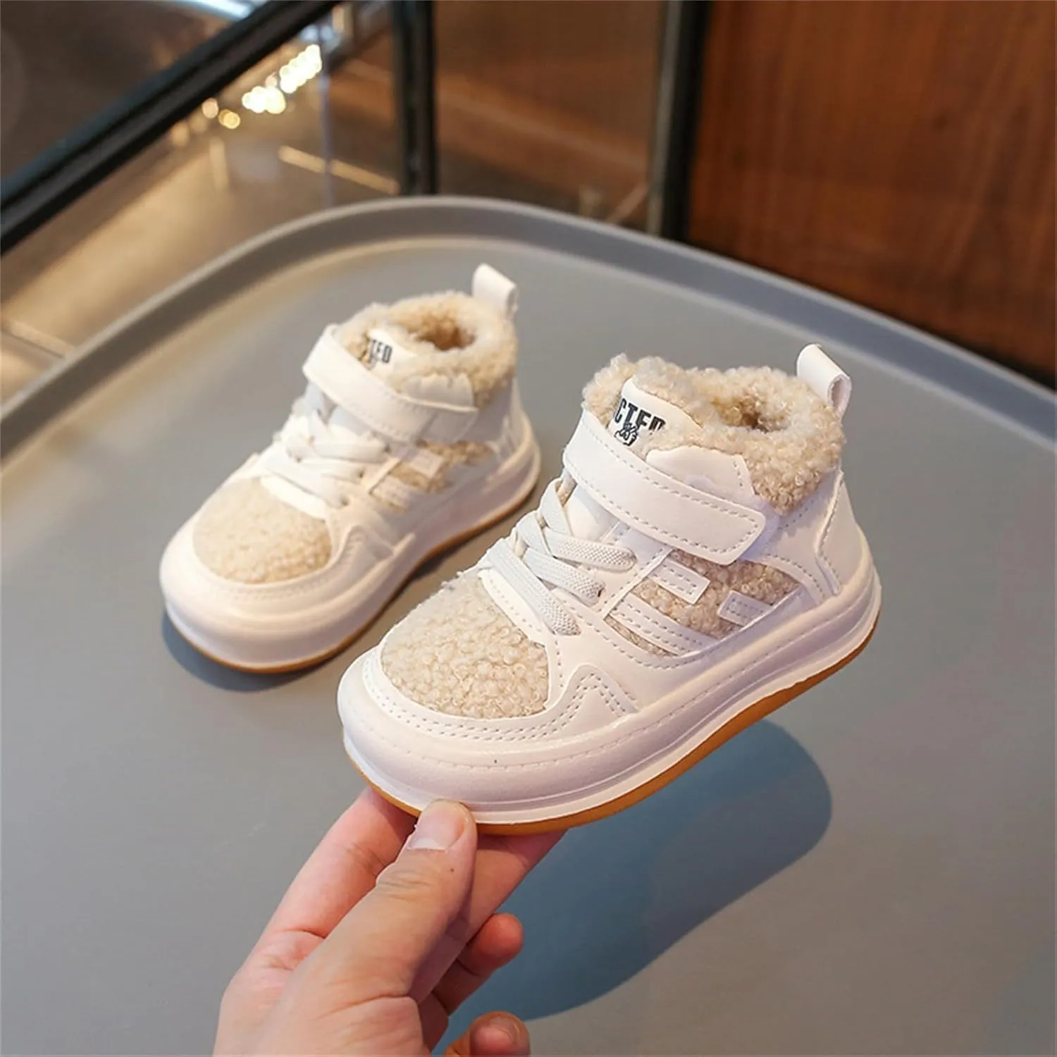 Toddler Kids Fleece Booties Anti-Slip Rubber Soft Sole Sneakers Boys Girls Warm Plush Lined Comfortable Ankle Boots