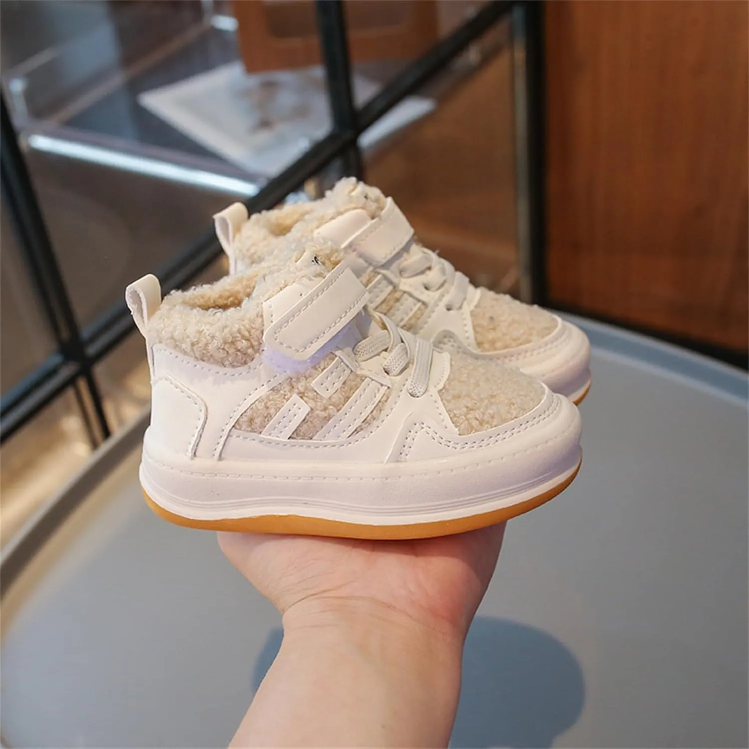 Toddler Kids Fleece Booties Anti-Slip Rubber Soft Sole Sneakers Boys Girls Warm Plush Lined Comfortable Ankle Boots