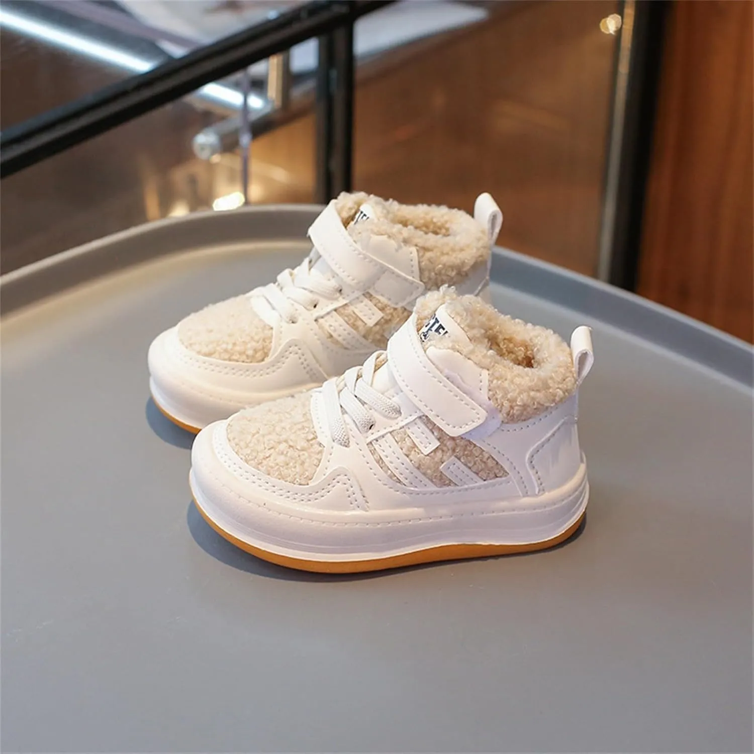 Toddler Kids Fleece Booties Anti-Slip Rubber Soft Sole Sneakers Boys Girls Warm Plush Lined Comfortable Ankle Boots