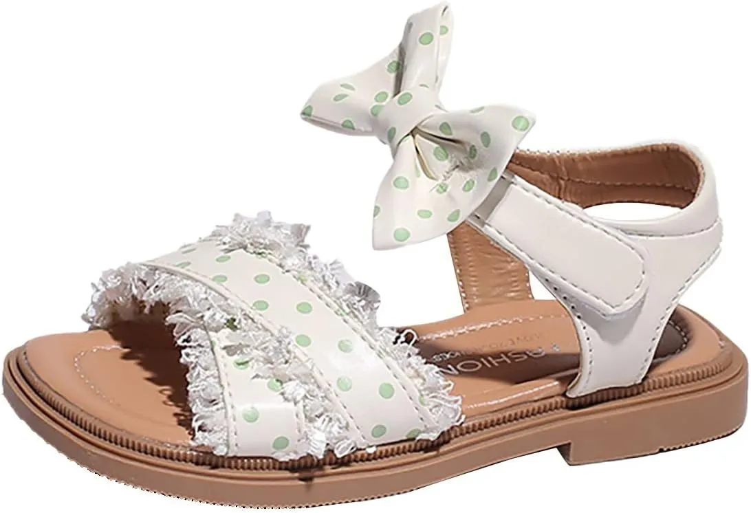 Toddler Kids Girl Open-toe Casual Sandal Low Heel Hook & Loop Ankle Strap Bow Soft Sole Party Dress Shoes