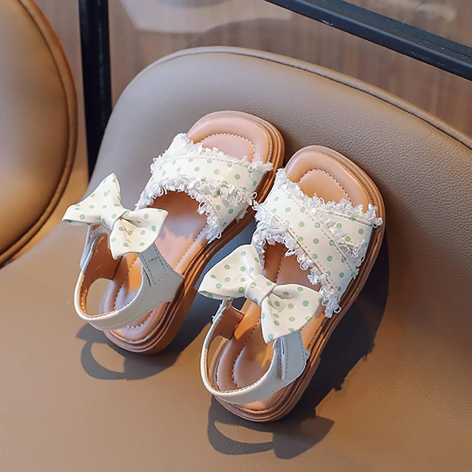 Toddler Kids Girl Open-toe Casual Sandal Low Heel Hook & Loop Ankle Strap Bow Soft Sole Party Dress Shoes