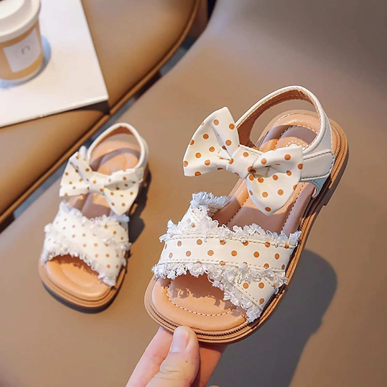 Toddler Kids Girl Open-toe Casual Sandal Low Heel Hook & Loop Ankle Strap Bow Soft Sole Party Dress Shoes