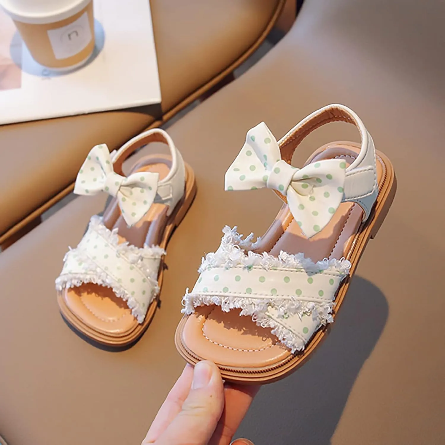 Toddler Kids Girl Open-toe Casual Sandal Low Heel Hook & Loop Ankle Strap Bow Soft Sole Party Dress Shoes