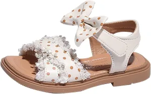 Toddler Kids Girl Open-toe Casual Sandal Low Heel Hook & Loop Ankle Strap Bow Soft Sole Party Dress Shoes