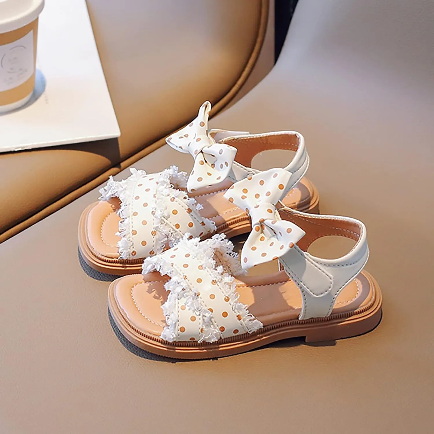 Toddler Kids Girl Open-toe Casual Sandal Low Heel Hook & Loop Ankle Strap Bow Soft Sole Party Dress Shoes