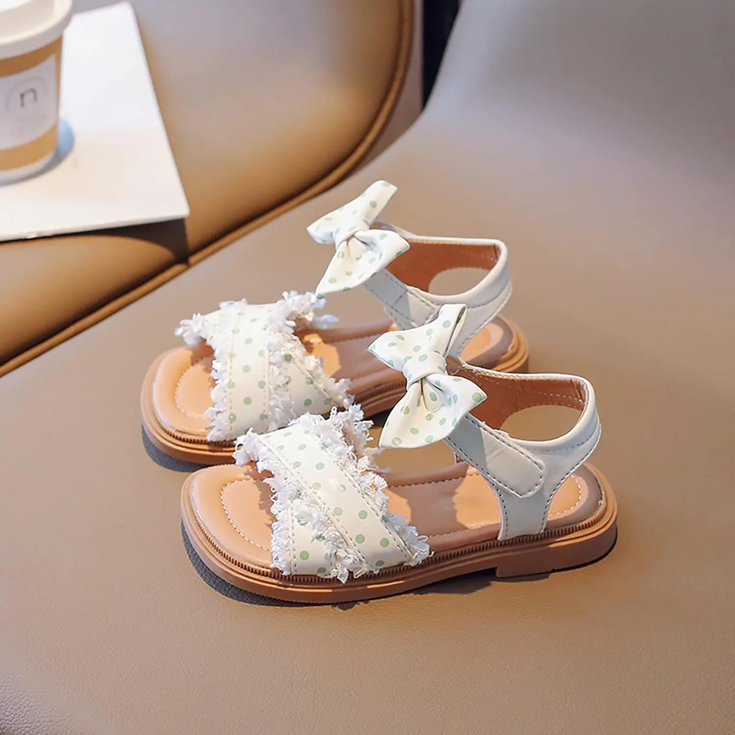 Toddler Kids Girl Open-toe Casual Sandal Low Heel Hook & Loop Ankle Strap Bow Soft Sole Party Dress Shoes