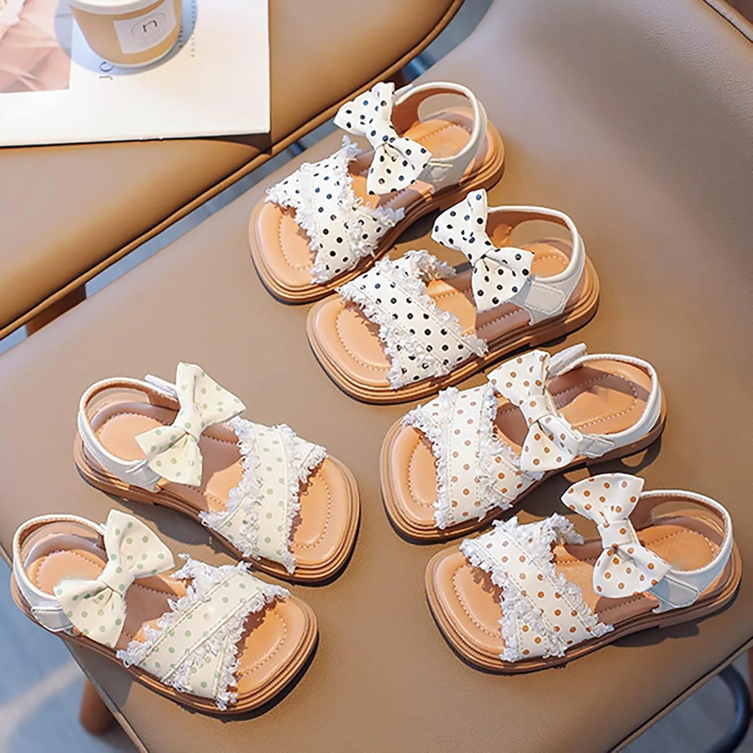 Toddler Kids Girl Open-toe Casual Sandal Low Heel Hook & Loop Ankle Strap Bow Soft Sole Party Dress Shoes