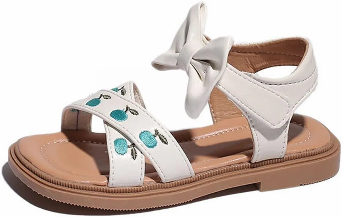 Toddler Kids Girl Open-toe Casual Sandal Low Heel Hook & Loop Embroidered Bow Soft Sole Party Dress Shoes