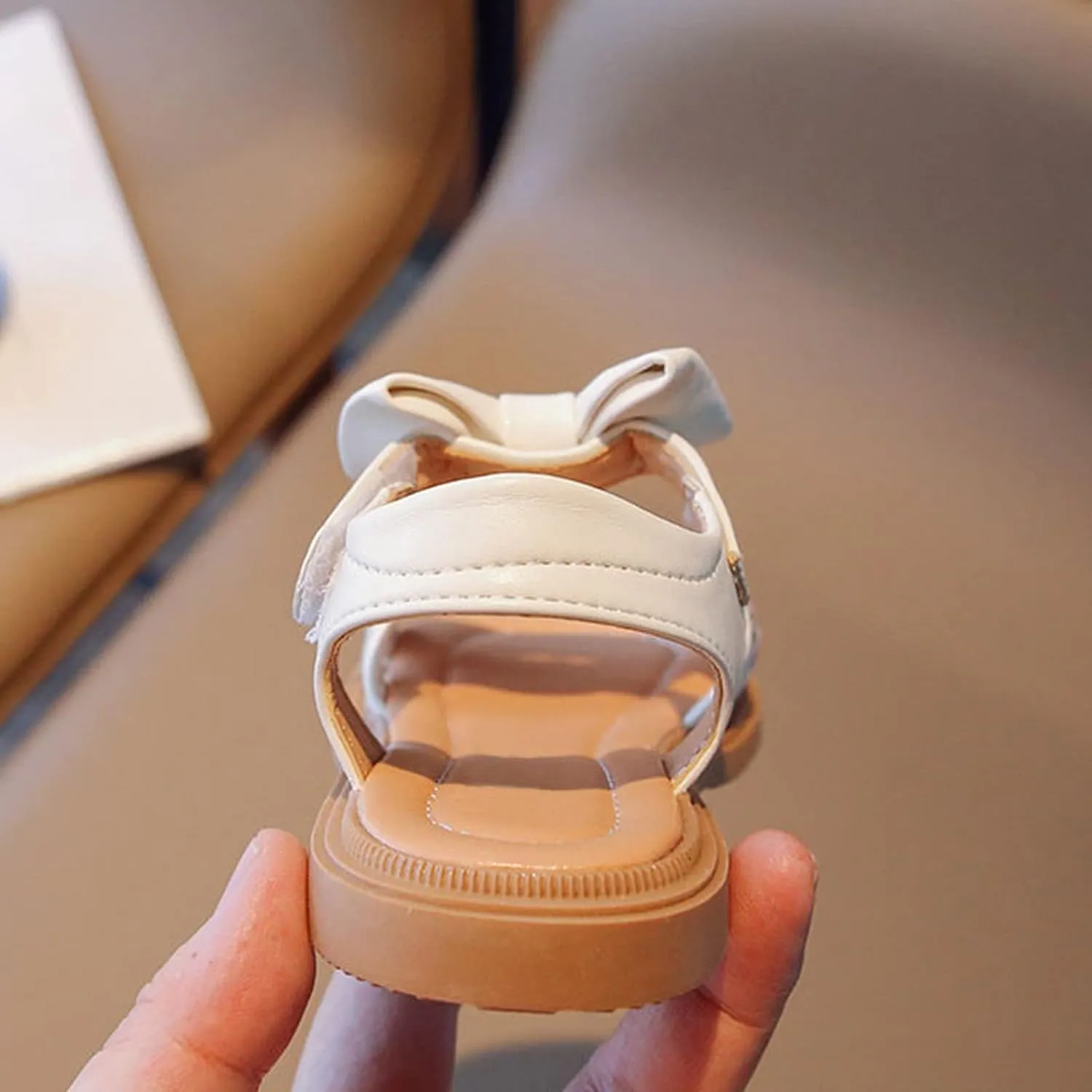 Toddler Kids Girl Open-toe Casual Sandal Low Heel Hook & Loop Embroidered Bow Soft Sole Party Dress Shoes