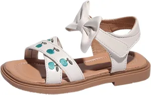 Toddler Kids Girl Open-toe Casual Sandal Low Heel Hook & Loop Embroidered Bow Soft Sole Party Dress Shoes