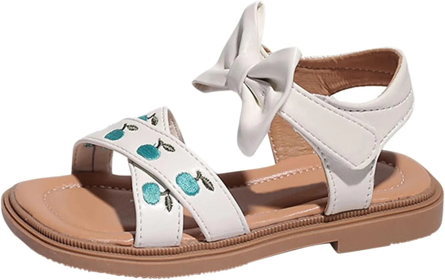 Toddler Kids Girl Open-toe Casual Sandal Low Heel Hook & Loop Embroidered Bow Soft Sole Party Dress Shoes