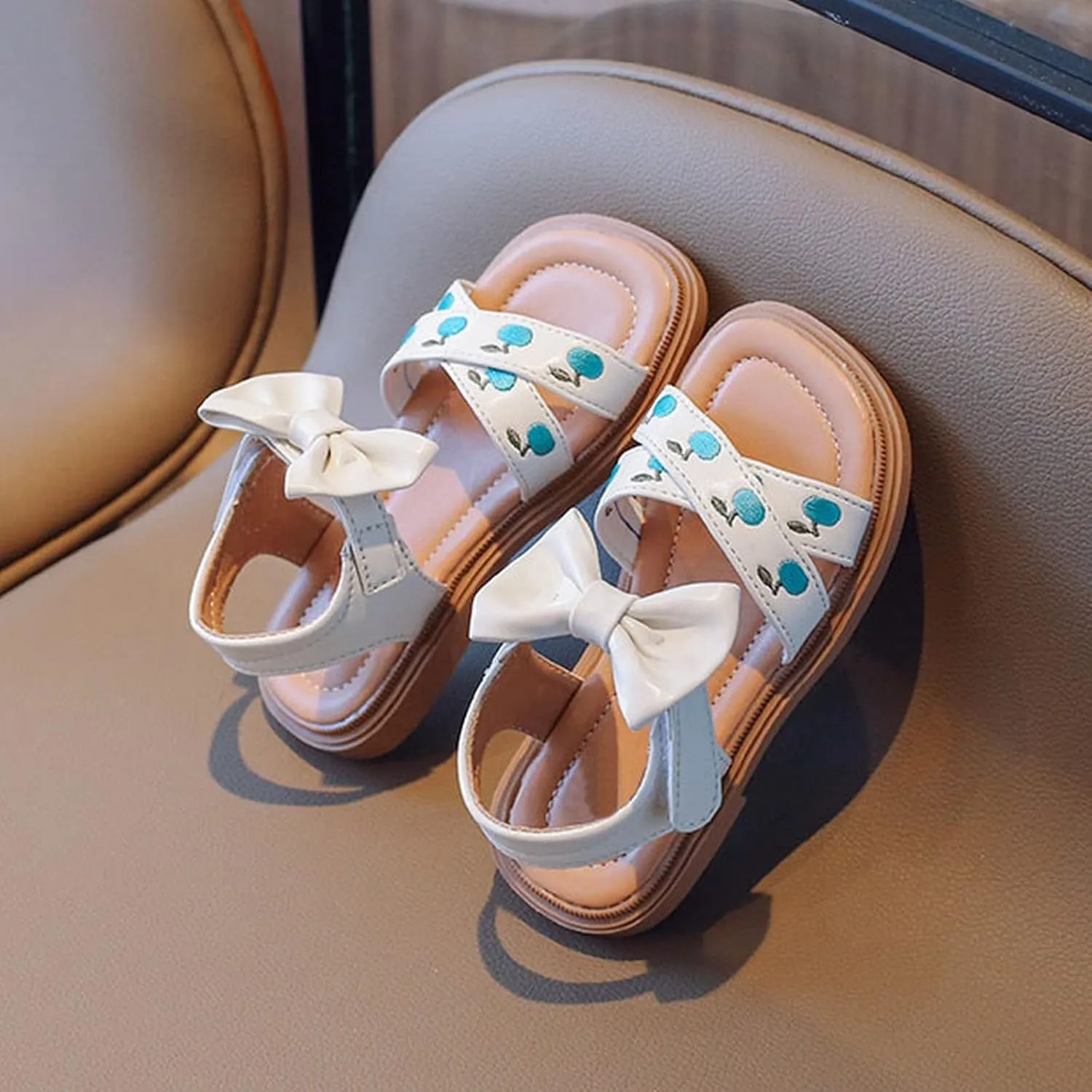 Toddler Kids Girl Open-toe Casual Sandal Low Heel Hook & Loop Embroidered Bow Soft Sole Party Dress Shoes