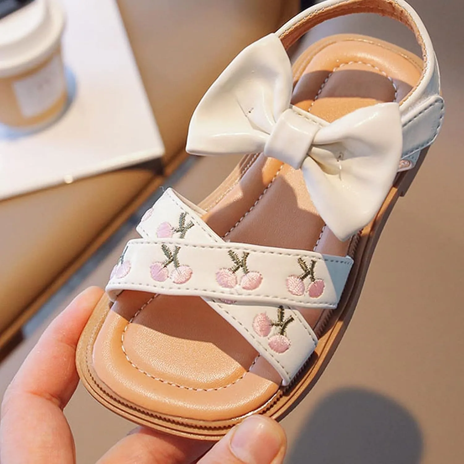 Toddler Kids Girl Open-toe Casual Sandal Low Heel Hook & Loop Embroidered Bow Soft Sole Party Dress Shoes