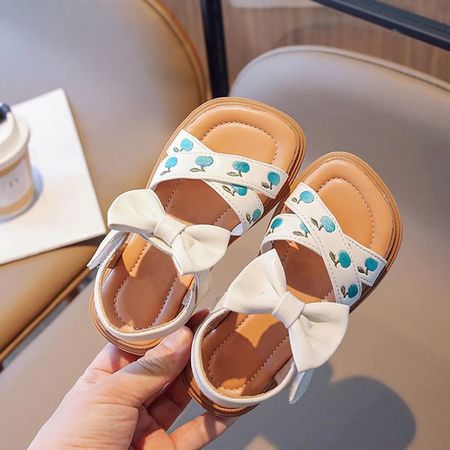 Toddler Kids Girl Open-toe Casual Sandal Low Heel Hook & Loop Embroidered Bow Soft Sole Party Dress Shoes