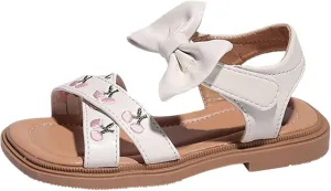 Toddler Kids Girl Open-toe Casual Sandal Low Heel Hook & Loop Embroidered Bow Soft Sole Party Dress Shoes