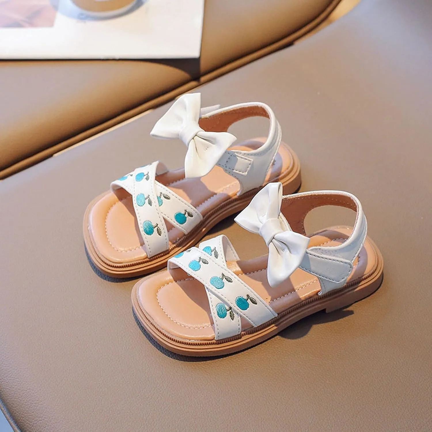Toddler Kids Girl Open-toe Casual Sandal Low Heel Hook & Loop Embroidered Bow Soft Sole Party Dress Shoes