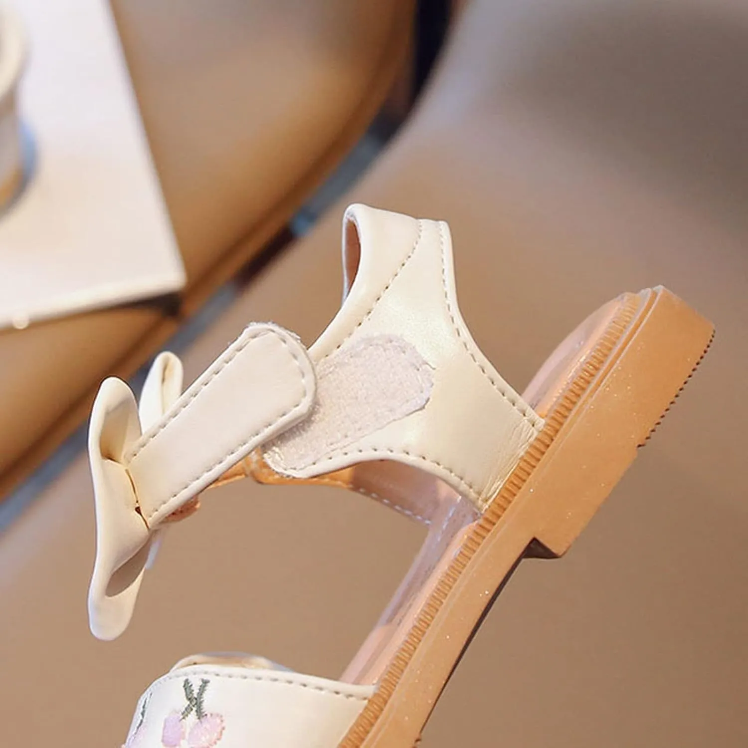 Toddler Kids Girl Open-toe Casual Sandal Low Heel Hook & Loop Embroidered Bow Soft Sole Party Dress Shoes