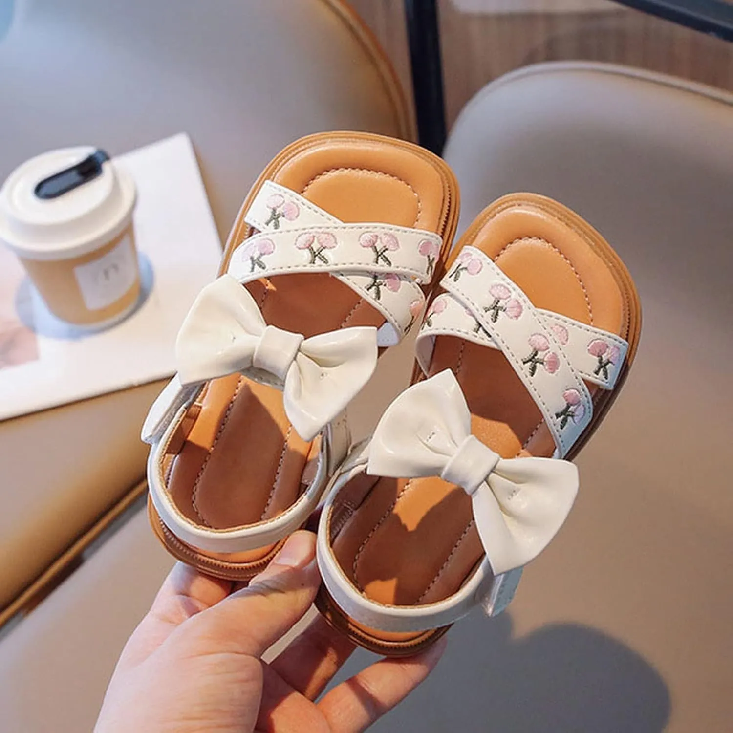 Toddler Kids Girl Open-toe Casual Sandal Low Heel Hook & Loop Embroidered Bow Soft Sole Party Dress Shoes
