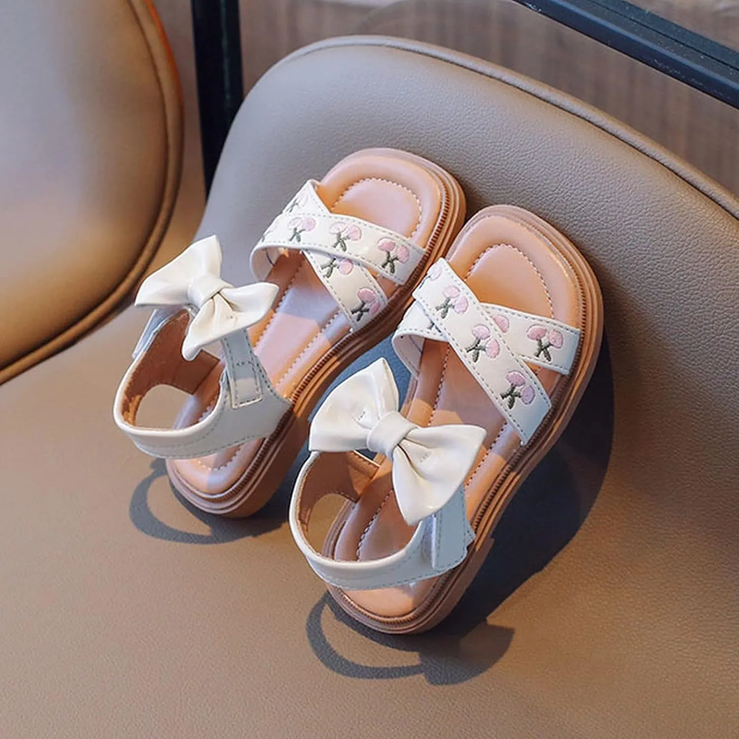 Toddler Kids Girl Open-toe Casual Sandal Low Heel Hook & Loop Embroidered Bow Soft Sole Party Dress Shoes