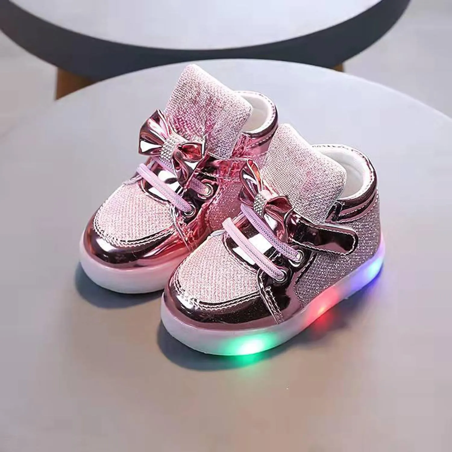 Toddler Led Light Up First Walking Sneaker Baby Infant Newborn Soft Sole Cozy Flat Shoes with Bow Lace-Up Glitter Shoes