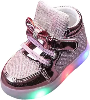 Toddler Led Light Up First Walking Sneaker Baby Infant Newborn Soft Sole Cozy Flat Shoes with Bow Lace-Up Glitter Shoes