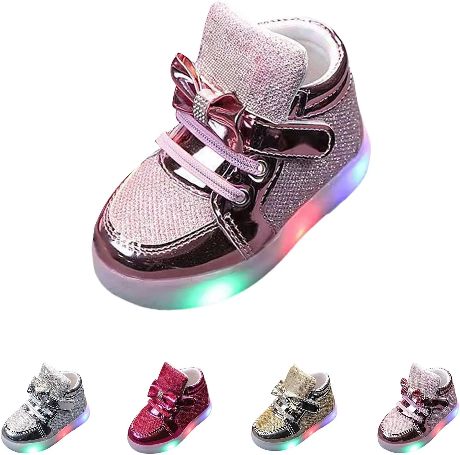 Toddler Led Light Up First Walking Sneaker Baby Infant Newborn Soft Sole Cozy Flat Shoes with Bow Lace-Up Glitter Shoes