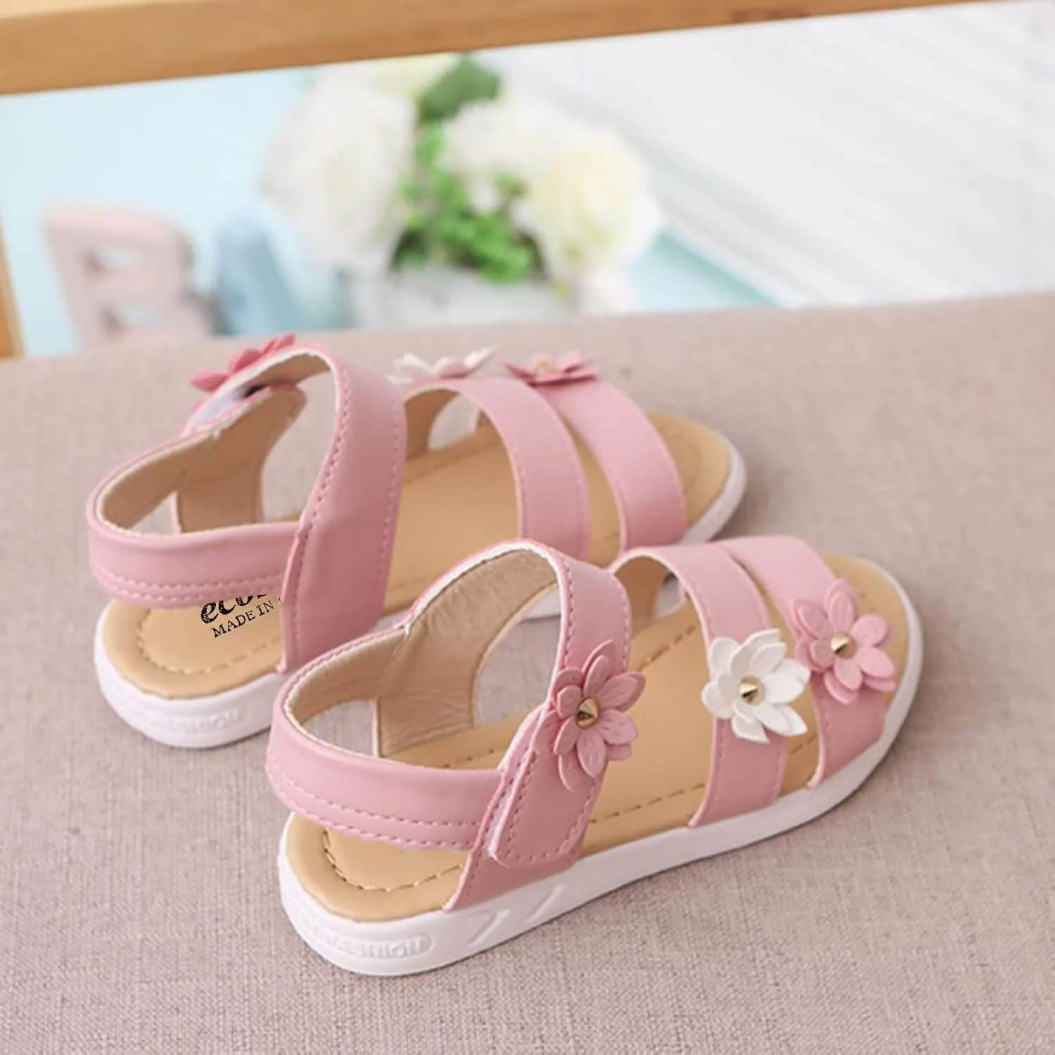 Toddler Little Girls Open Toe Strap Flowers Sandals Summer Beach Non-Slip Shoes Rubber Soft Sole Princess Flats