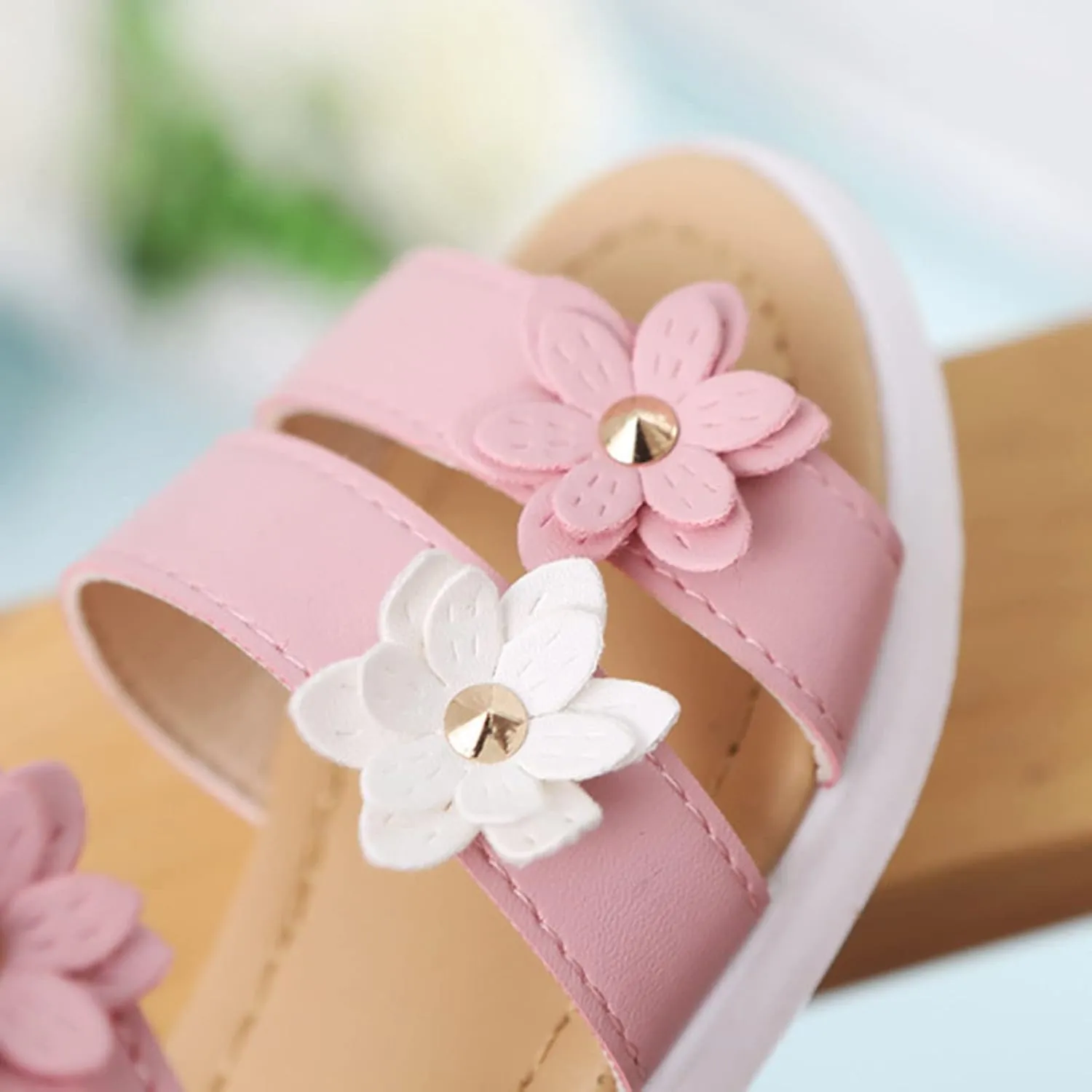 Toddler Little Girls Open Toe Strap Flowers Sandals Summer Beach Non-Slip Shoes Rubber Soft Sole Princess Flats
