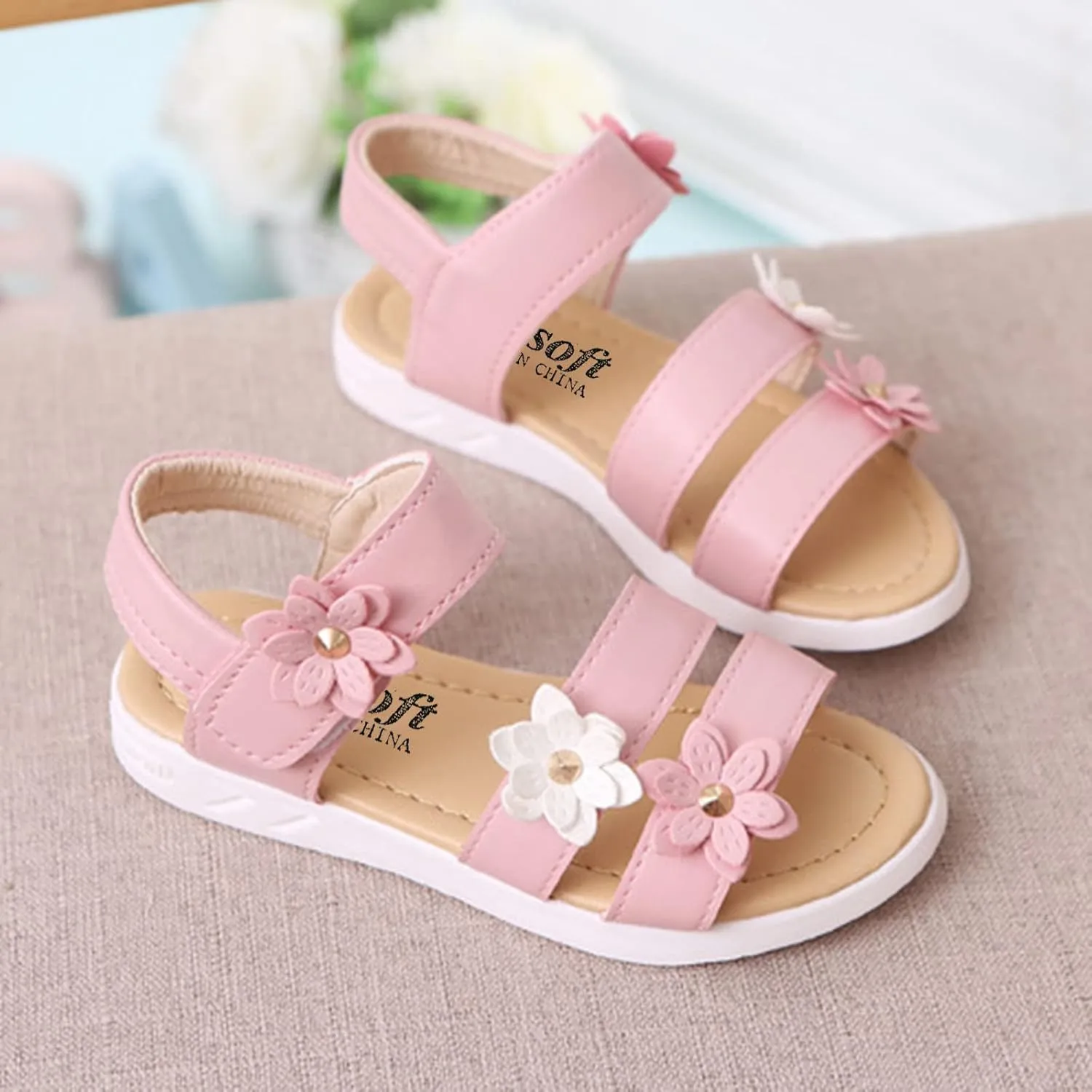 Toddler Little Girls Open Toe Strap Flowers Sandals Summer Beach Non-Slip Shoes Rubber Soft Sole Princess Flats