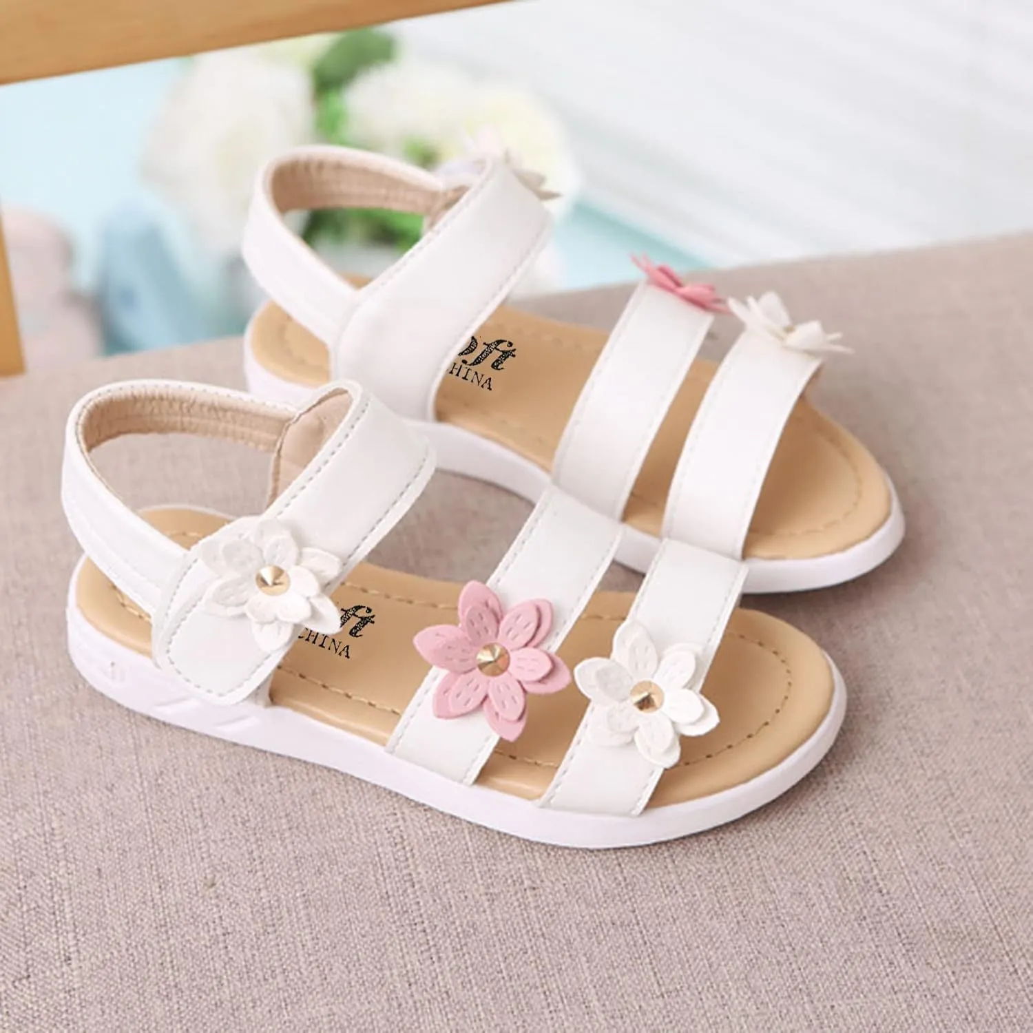 Toddler Little Girl's Open Toe Strap Flowers Sandals Summer Beach Shoes Non-Slip Rubber Soft Sole Princess Flats