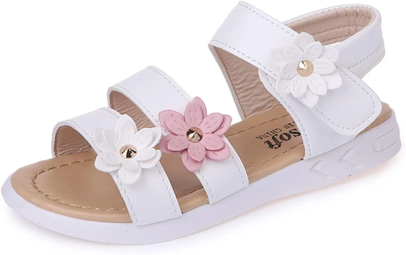Toddler Little Girl's Open Toe Strap Flowers Sandals Summer Beach Shoes Non-Slip Rubber Soft Sole Princess Flats