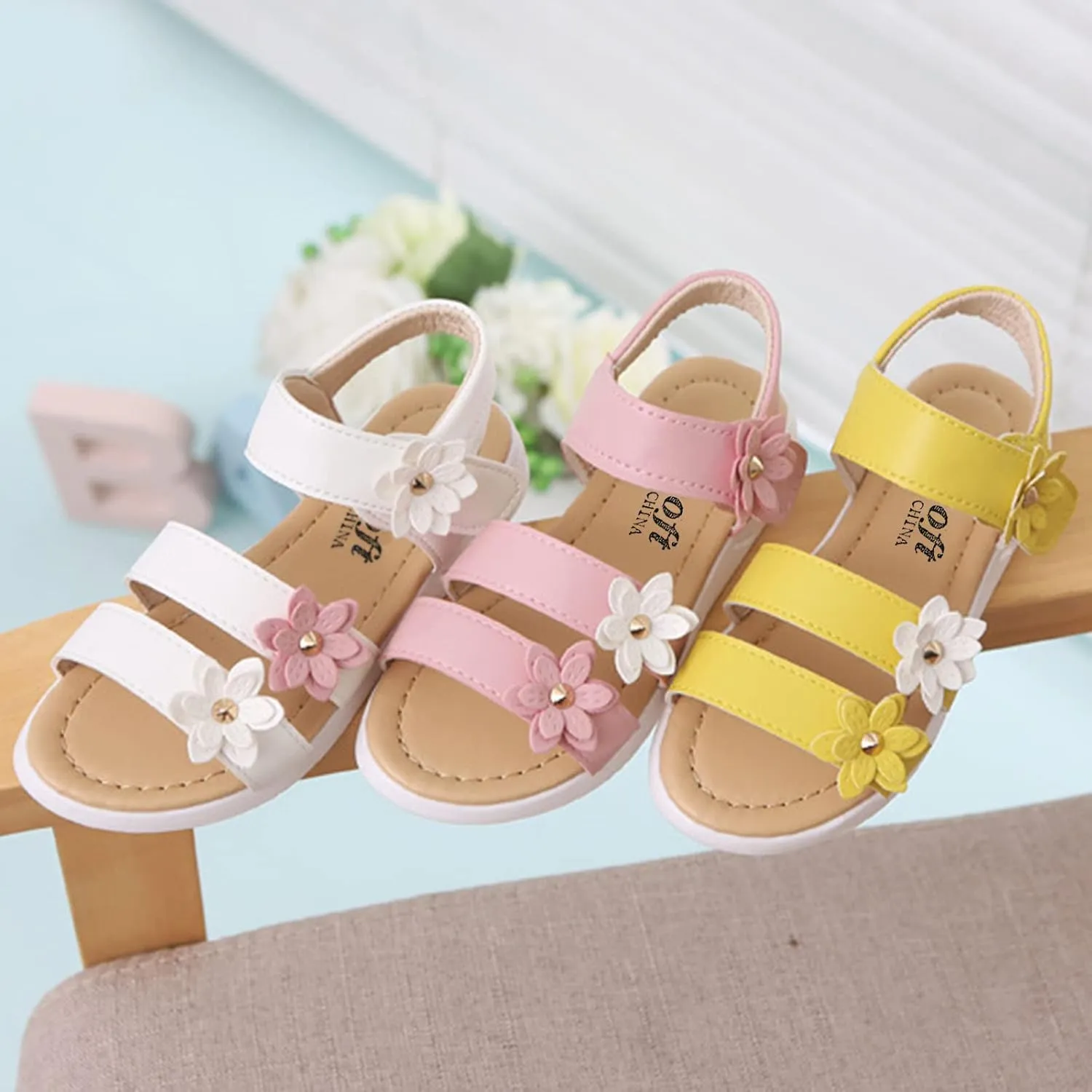 Toddler Little Girl's Open Toe Strap Flowers Sandals Summer Beach Shoes Non-Slip Rubber Soft Sole Princess Flats