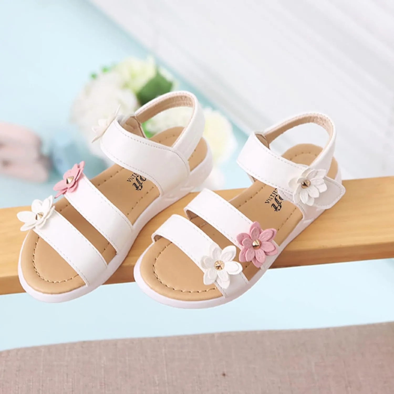 Toddler Little Girl's Open Toe Strap Flowers Sandals Summer Beach Shoes Non-Slip Rubber Soft Sole Princess Flats