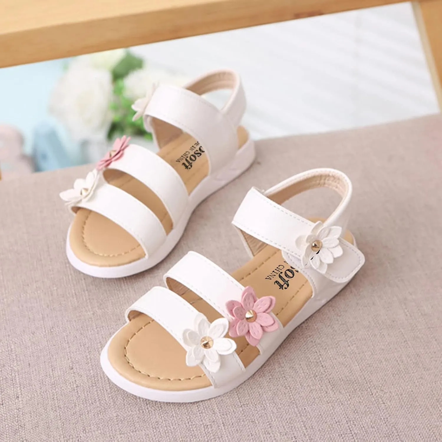 Toddler Little Girl's Open Toe Strap Flowers Sandals Summer Beach Shoes Non-Slip Rubber Soft Sole Princess Flats
