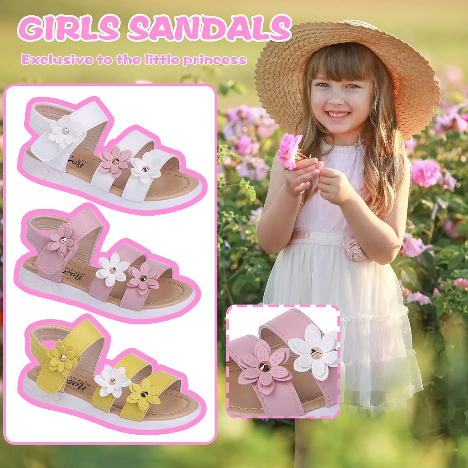 Toddler Little Girl's Open Toe Strap Flowers Sandals Summer Beach Shoes Non-Slip Rubber Soft Sole Princess Flats