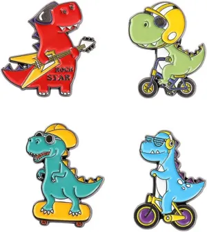 Ulricar 4 Pack Cartoon Dinosaur Series Brooch Skateboard Bike Guitar Dinosaur Shape Enamel Pin Badge Cute Animal Series Brooch for Hat Jacket Cotton Shirt Skirt Canvas Bag