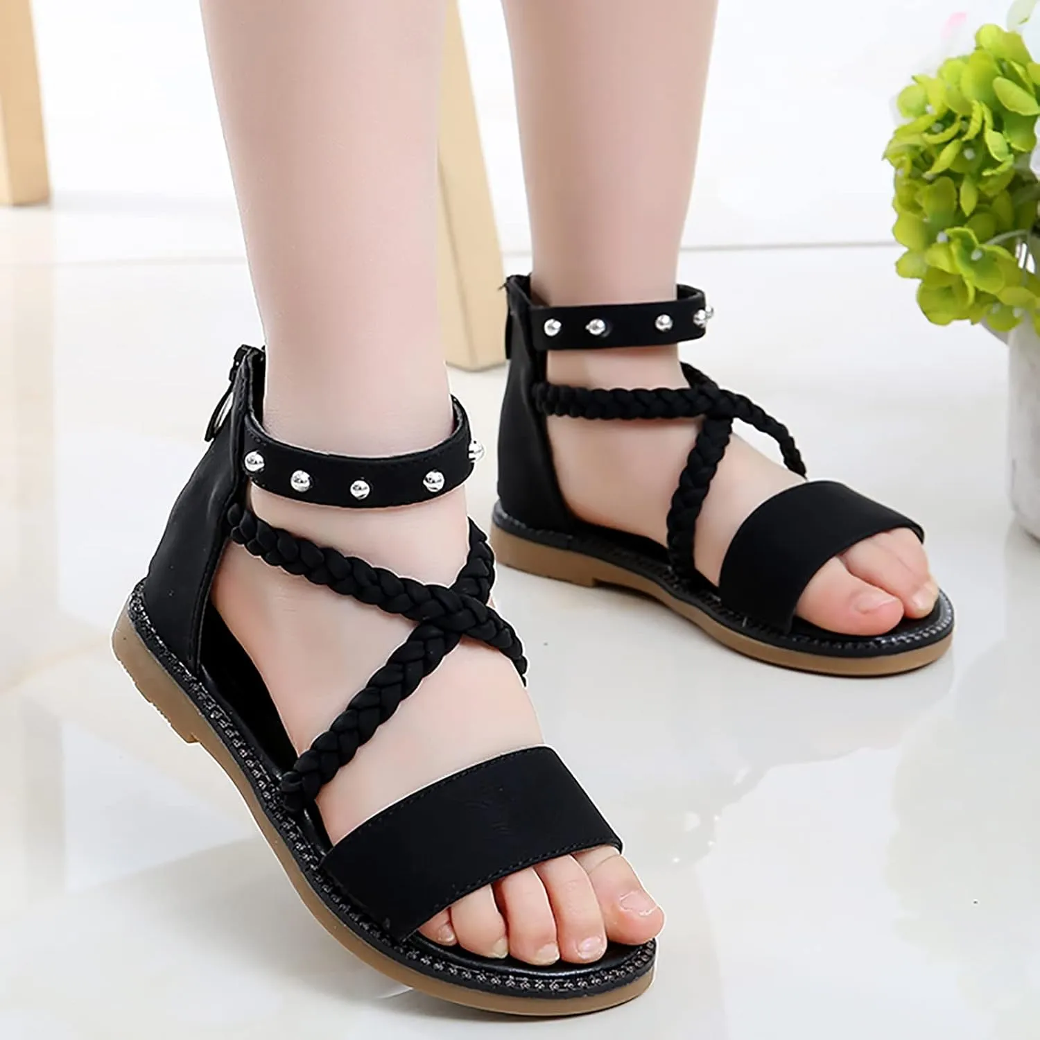 Unisex Toddler House Shoes Girls Sandals Princess Shoes Soft Sole Beach Sandals Kids Roman Shoes for 4 to12 Years