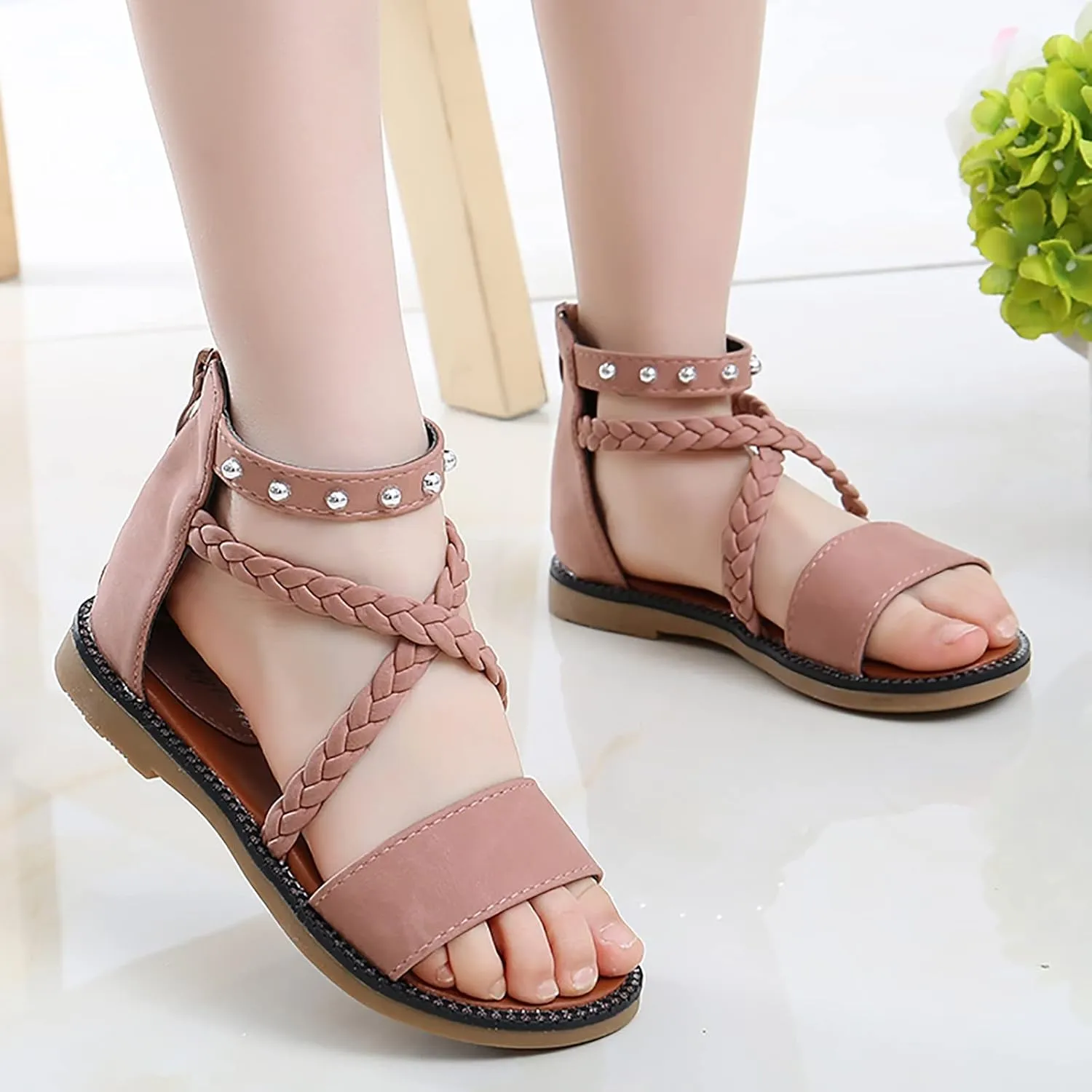 Unisex Toddler House Shoes Girls Sandals Princess Shoes Soft Sole Beach Sandals Kids Roman Shoes for 4 to12 Years
