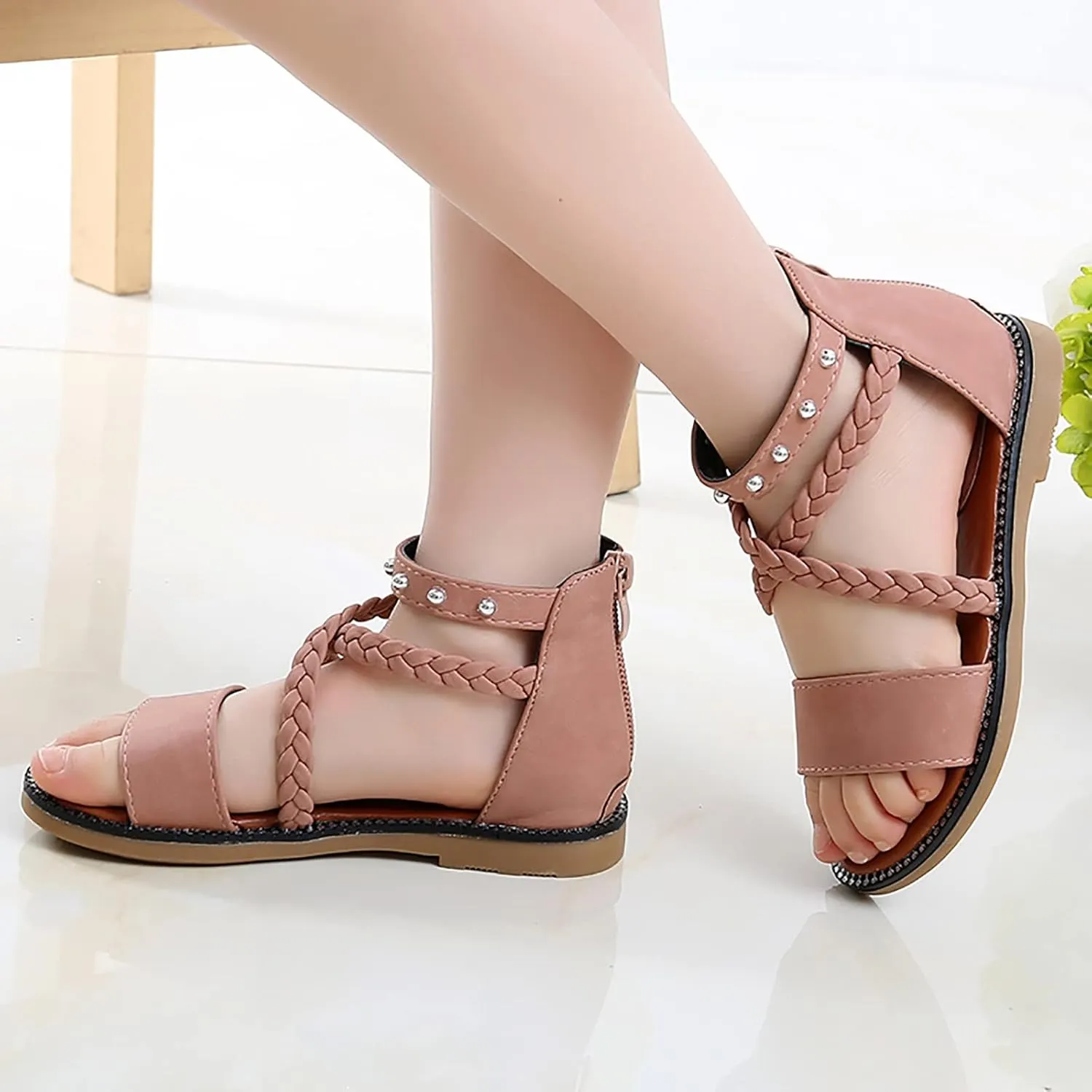 Unisex Toddler House Shoes Girls Sandals Princess Shoes Soft Sole Beach Sandals Kids Roman Shoes for 4 to12 Years