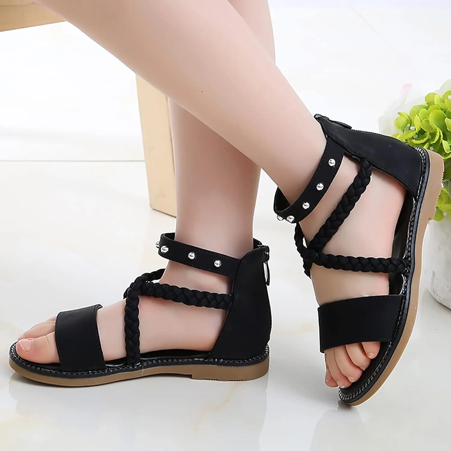 Unisex Toddler House Shoes Girls Sandals Princess Shoes Soft Sole Beach Sandals Kids Roman Shoes for 4 to12 Years