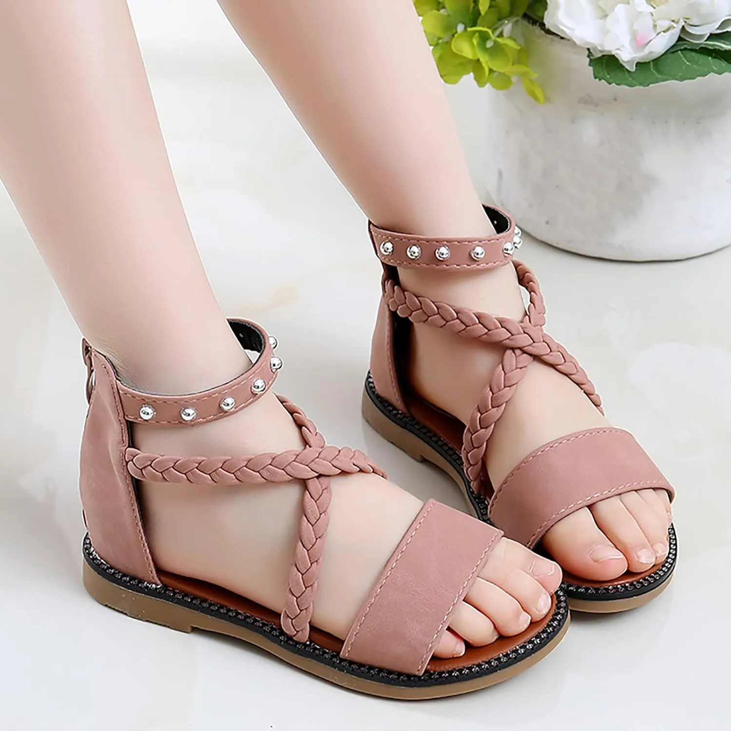 Unisex Toddler House Shoes Girls Sandals Princess Shoes Soft Sole Beach Sandals Kids Roman Shoes for 4 to12 Years