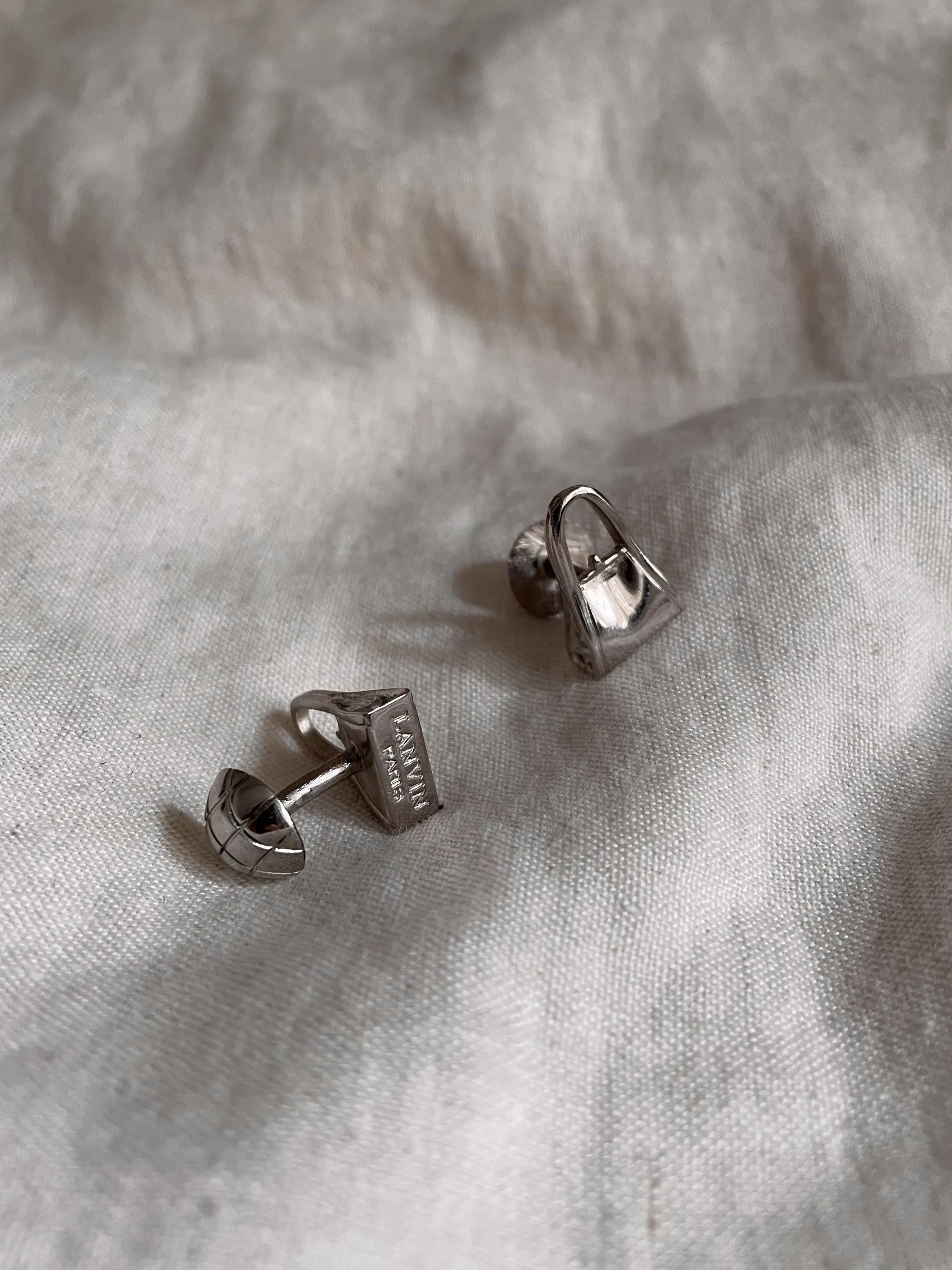Vintage Designer Silver Lanvin Metal Bag Cufflinks