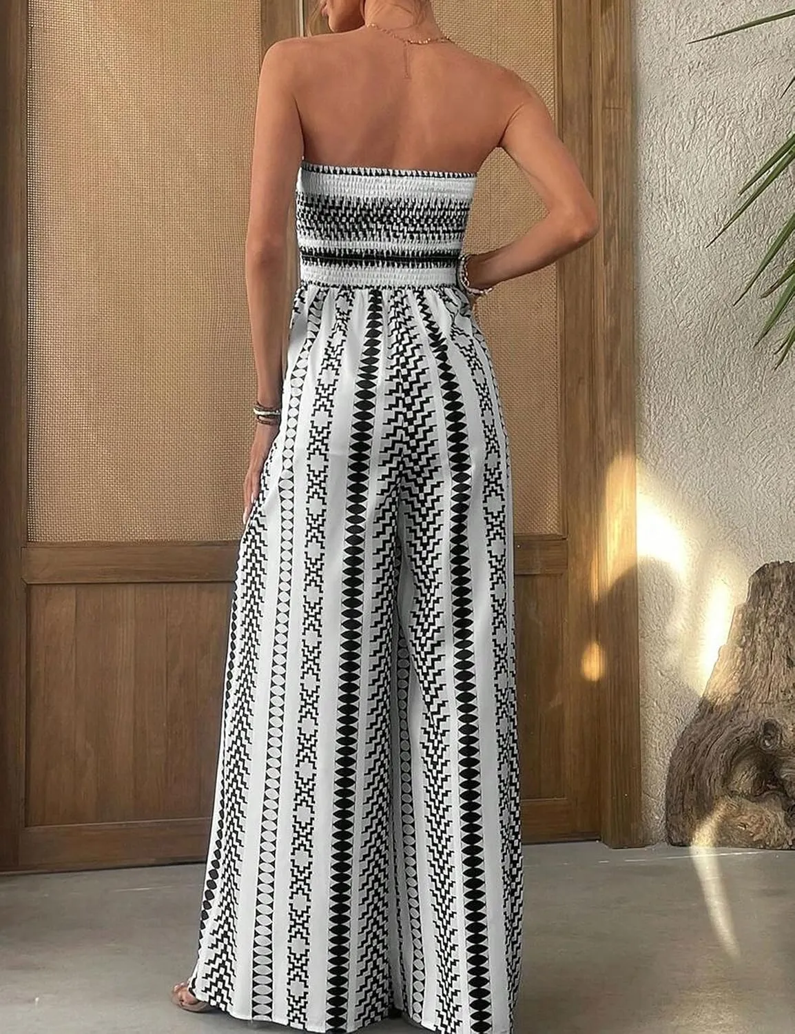 Women Geometric Print Strapless Wide Leg Romper Sleeveless Backless High Split Sexy Boho One Piece Jumpsuit