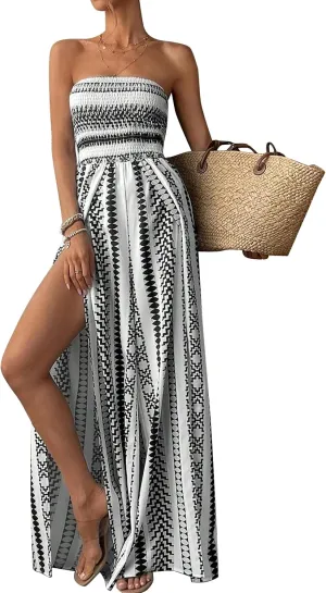 Women Geometric Print Strapless Wide Leg Romper Sleeveless Backless High Split Sexy Boho One Piece Jumpsuit
